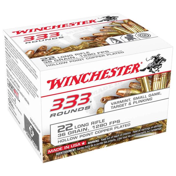 Winchester USA 22 Long Rifle 36gr CPHP Rimfire Ammo - 333 Rounds