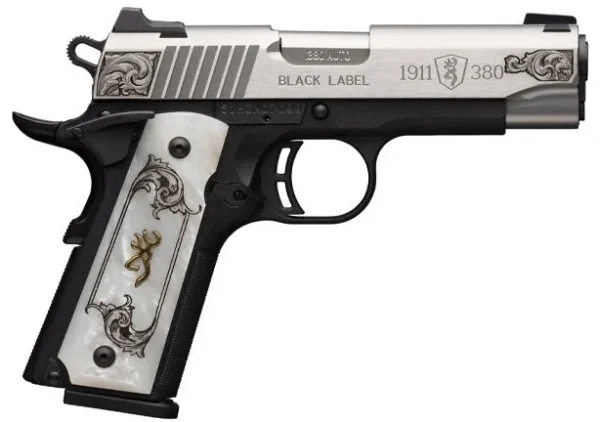 B129 Browning 1911 Black Label Medallion Compact 380 Auto (ACP) 4.25in Matte Black Stainless Neo-Classical American Engraved Steel Pistol - 8+1 Rounds