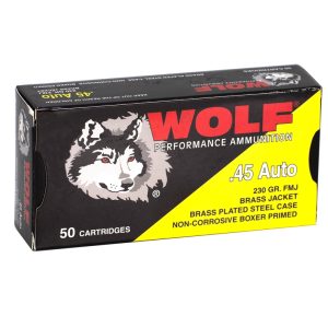 Wolf Performance 45 ACP AUTO Ammo 230 Grain FMJ Steel Case 45 ACP Ammo 230gr FMJ Wolf Performance Brass Plated Steel Case 50 Round Box