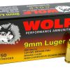 9mm 9x19 Ammo 124gr FMJ Wolf Gold 50 Round Box
