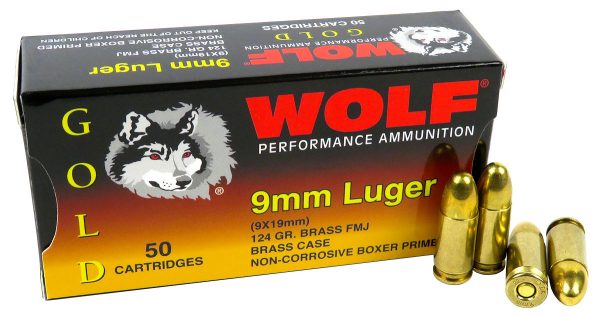 9mm 9x19 Ammo 124gr FMJ Wolf Gold 50 Round Box
