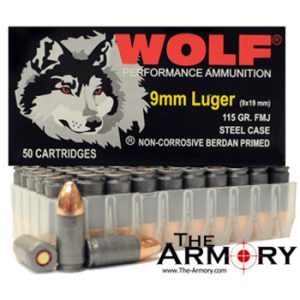 W6 9mm 9x19 Ammo 115gr FMJ Wolf Performance 1000 Round Case