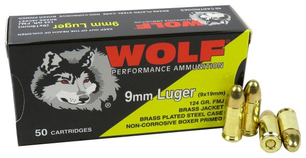 9mm 9x19 Ammo 124gr FMJ Wolf Performance Brass Plated Steel Case 50 Round Box
