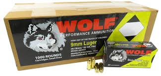 9mm 9x19 Ammo 124gr FMJ Wolf Performance Brass Plated Steel Case 1000 Round Case